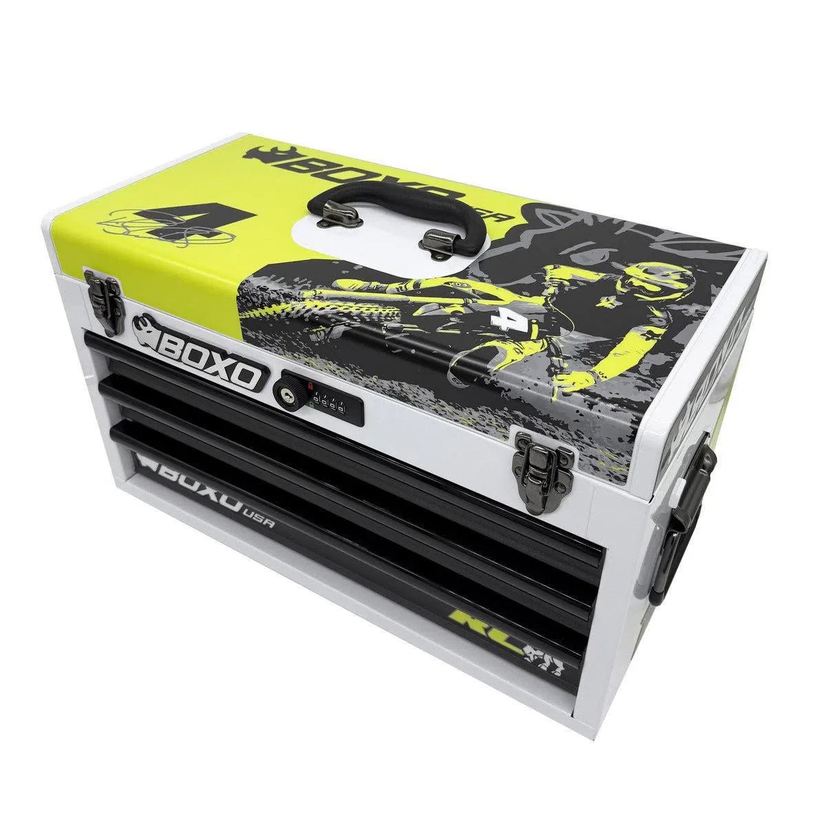 Boxo USA MotoBox | Ricky Carmichael 3-Drawer Portable Tool Box with 103-Piece Metric Motorcycle Tool Set
