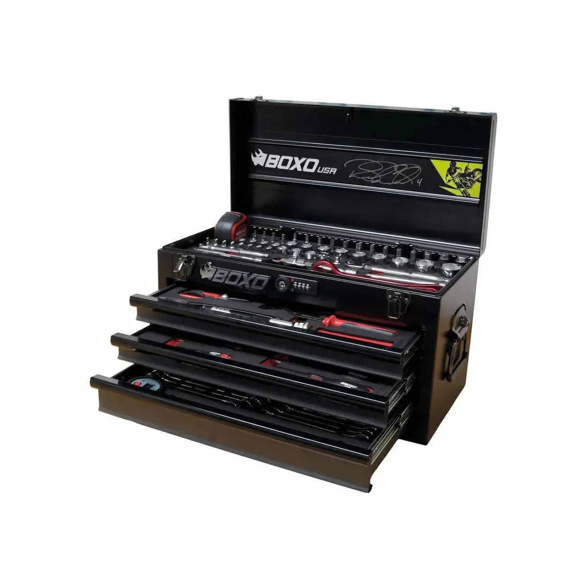 Boxo USA MotoBox | Ricky Carmichael 3-Drawer Portable Tool Box with 103-Piece Metric Motorcycle Tool Set