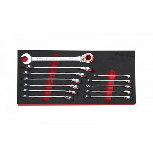 Boxo USA 12-Piece 100T Metric Ratcheting Combination Wrench Set with Magnetic Stop / Retainer Ring & Grip Drive Open End | 1/3rd EVA Foam
