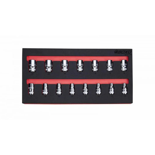 Boxo USA 15-Piece 1/2" Dr Metric Standard Length Multifix Spline Chrome Socket Set | 1/3rd EVA Foam