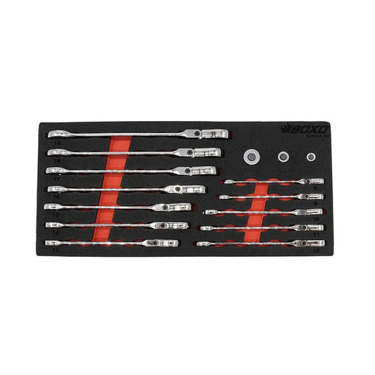 Boxo USA 15-Piece Metric Flex Head Ratcheting Wrench Set | 1/3rd EVA Foam