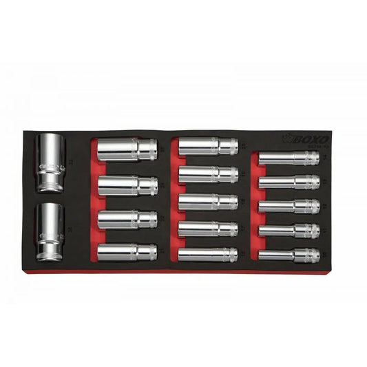Boxo USA 16-Piece 1/2" Drive Metric Deep Socket Set | 1/3rd EVA Foam