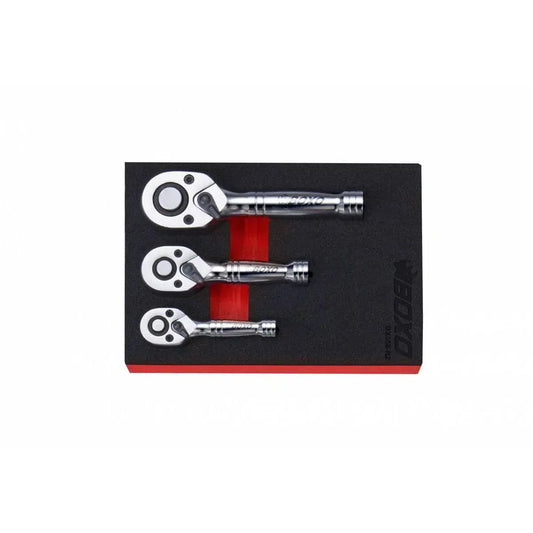 Boxo USA 3-Piece 72T 1/4", 3/8" & 1/2" Drive Stubby Ratchet Set | 1/9th EVA Foam
