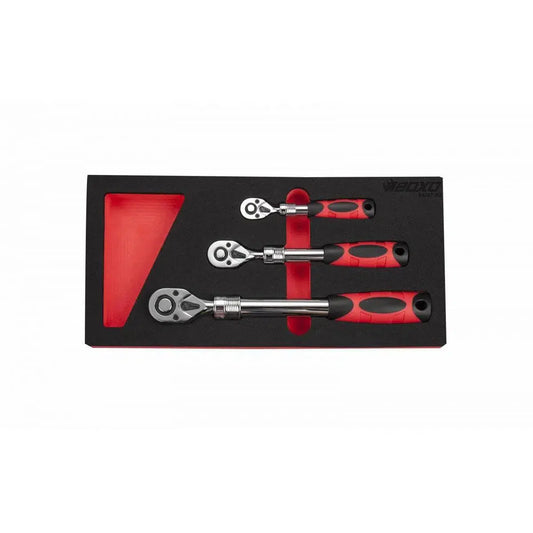 Boxo USA 3-Piece 72T 1/4", 3/8" & 1/2" Driver Extendable Handle Ratchet Set | 1/3rd EVA Foam