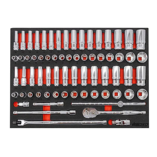 Boxo USA 68-Piece 1/2" Drive 6-Point Metric & SAE Master Chrome Socket Set | 3/3rd EVA Foam
