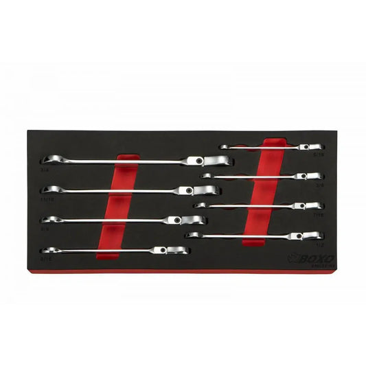 Boxo USA 8-Piece SAE Flex Head Ratcheting Wrench Set | 1/3rd EVA Foam