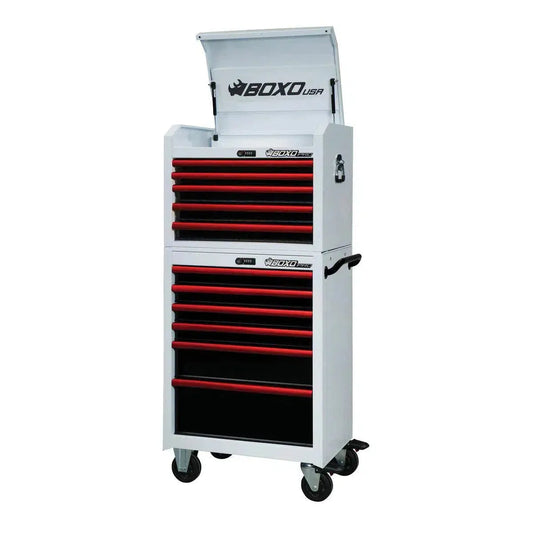 Boxo USA Pro Series | 26" 11-Drawer Rolling Tool Box | White and Red