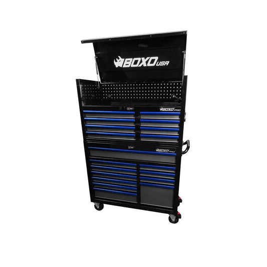 Boxo USA Pro Series | 45" 19-Drawer Rolling Tool Box | Black and Blue