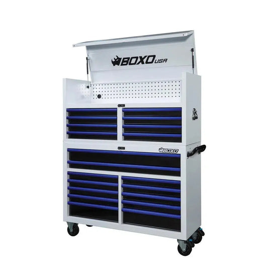 Boxo USA Pro Series | 53" 20-Drawer Rolling Tool Box | White and Blue