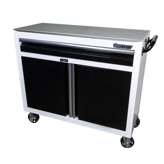 Boxo USA Tech Series | 45" Mobile Stainless Steel Workbench with Storage and Power | White